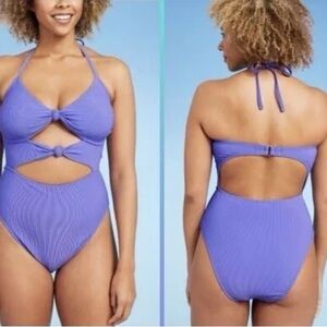 Shade & Shore Double Knot Cut Out Ribbed One Piece Swimsuit M Purple Cheeky